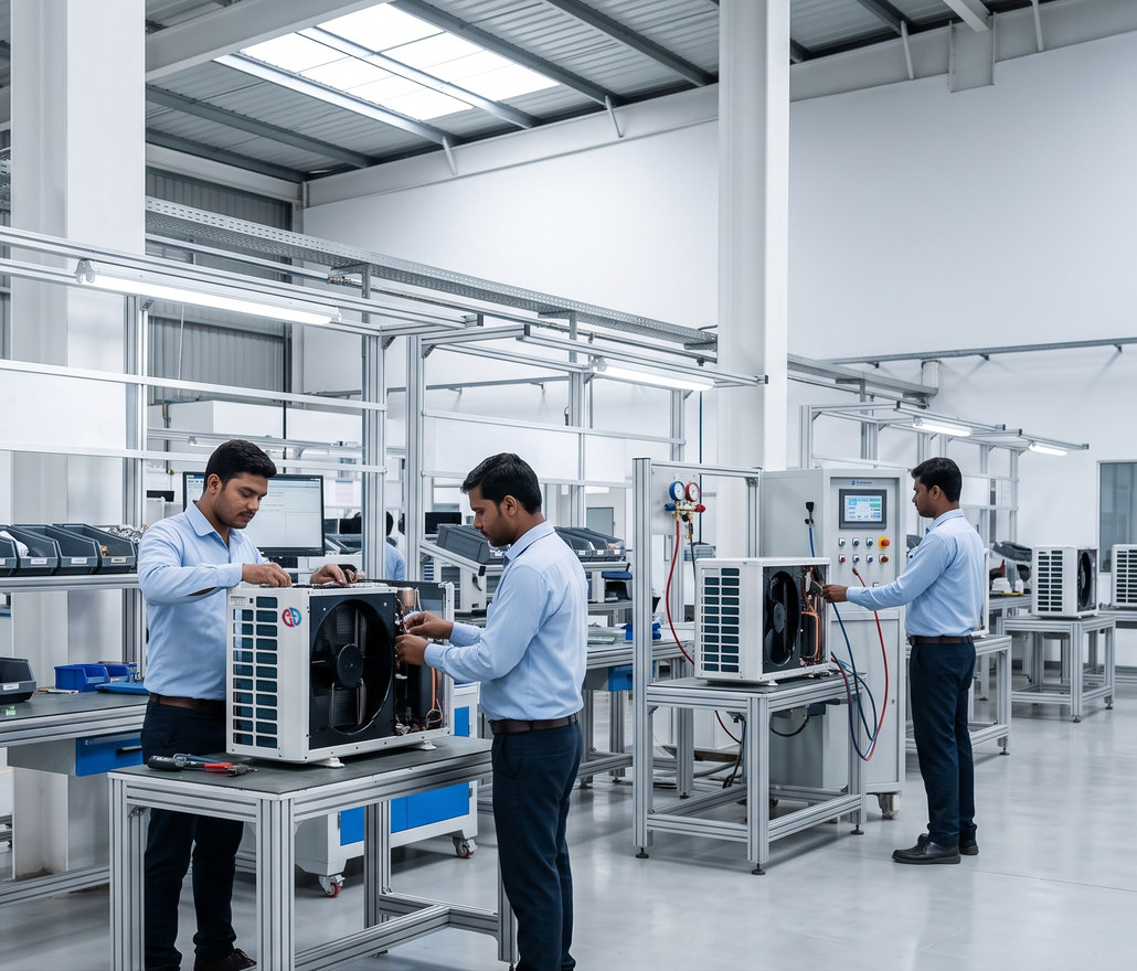 Tempratech assembly line, with heat-pump cabinets on the bench mid-build