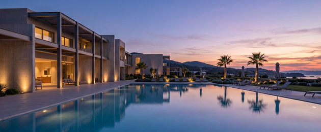 A resort’s guest wing at dusk, lit from within, with an infinity pool running its full length
