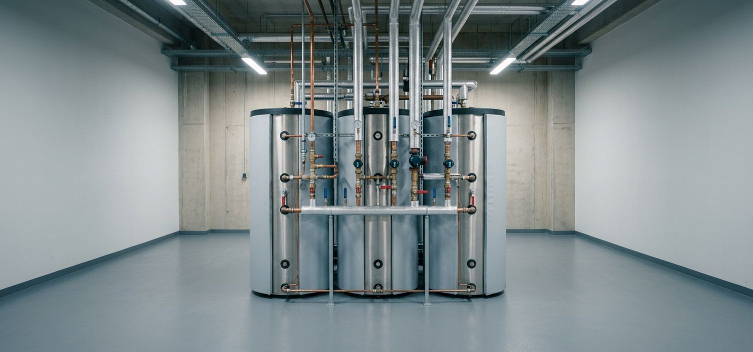 Four insulated buffer cylinders manifolded together on a plant-room floor
