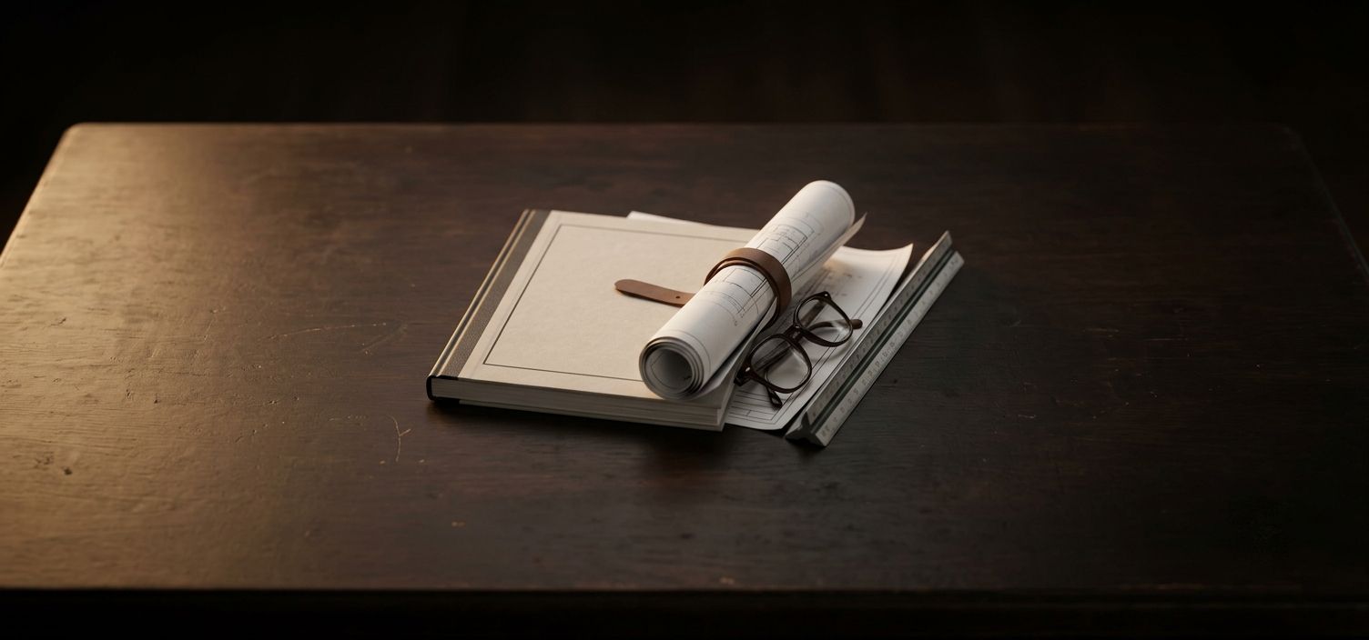 A bound compliance document and rolled drawings on a dark desk
