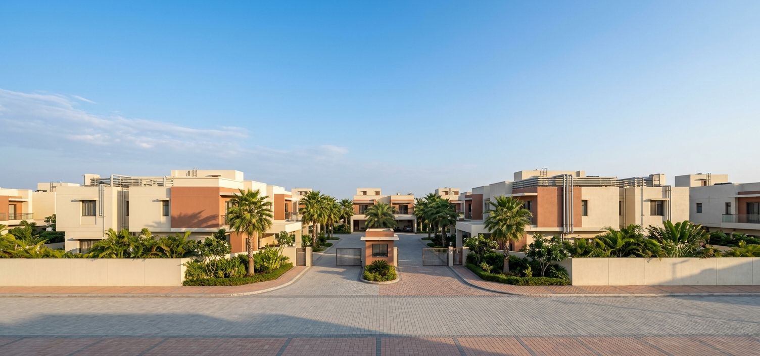 The entrance road of a low-rise villa community at first light