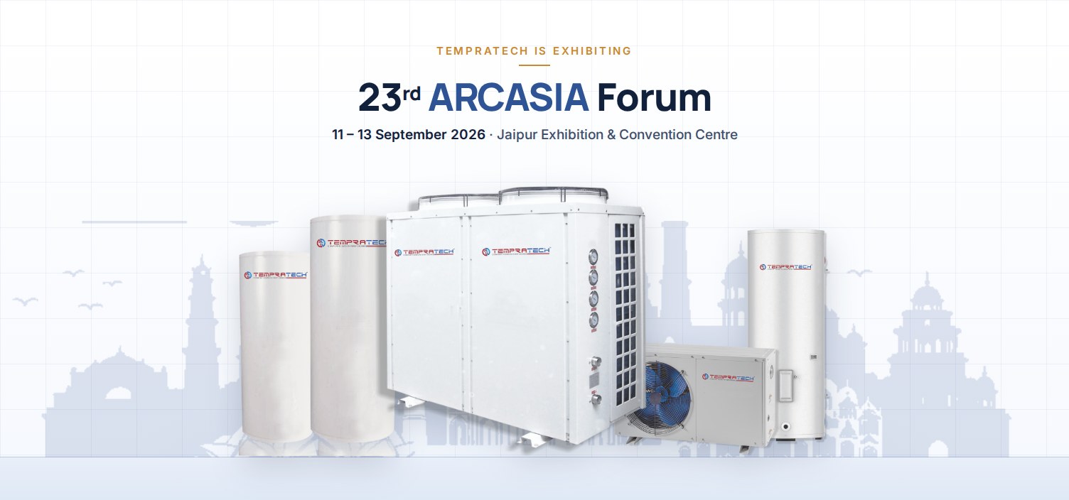 Tempratech commercial heat pump, split unit and storage cylinders set against a silhouette of Jaipur landmarks, with the 23rd ARCASIA Forum dates