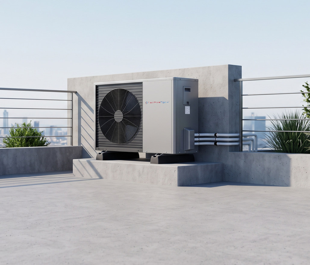 A Tempratech monobloc unit on a building terrace, city skyline behind