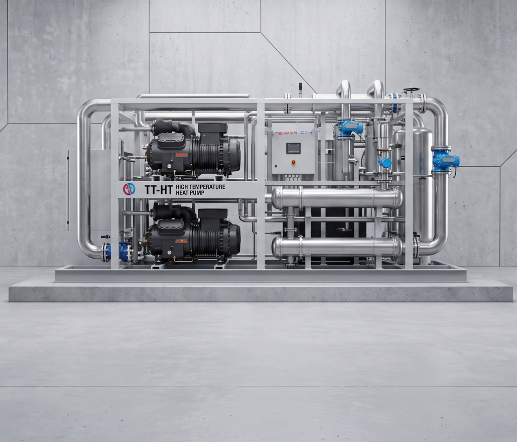 A Tempratech TT-HT skid — twin compressors, heat exchangers and a control cabinet on one frame