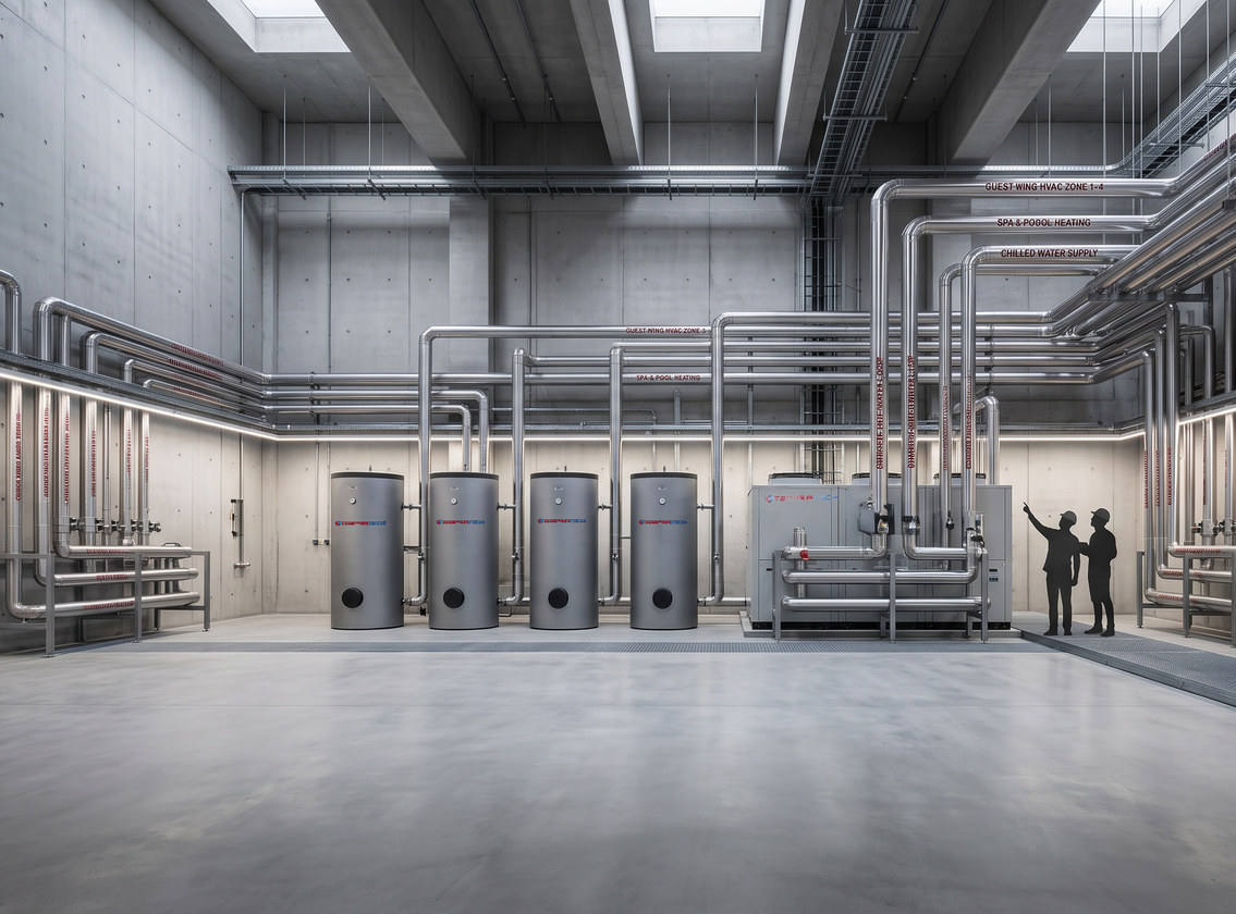 A plant room with a bank of TT-CM units, storage cylinders and insulated pipework