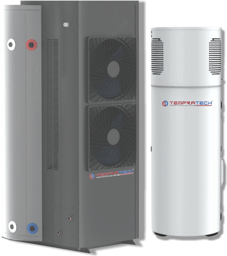 Two Tempratech All-in-One heat pumps, in grey and white finishes