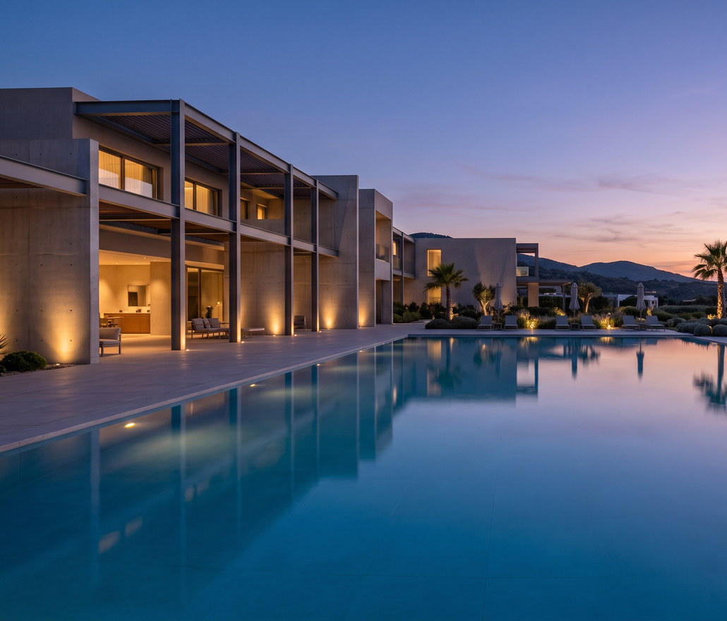 A resort swimming pool at dusk, lit villas along its edge