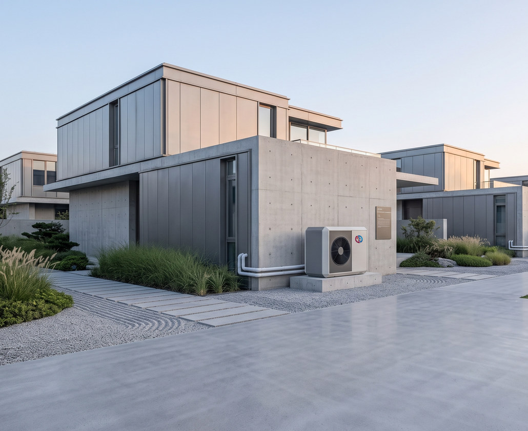 A row of villas, each with its own Tempratech monobloc unit beside the entrance