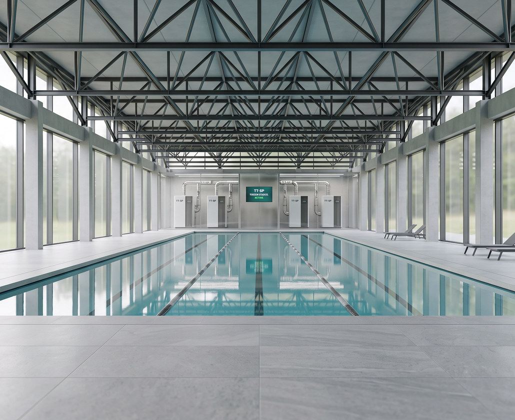 A 25-metre indoor pool hall, plant room doors visible at the far end