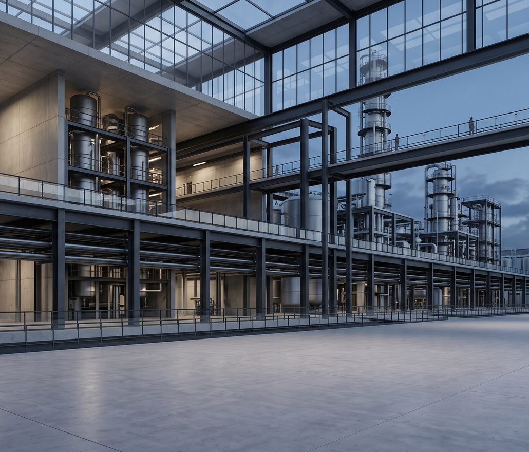 A multi-level process plant at dusk, distillation columns rising behind steel walkways
