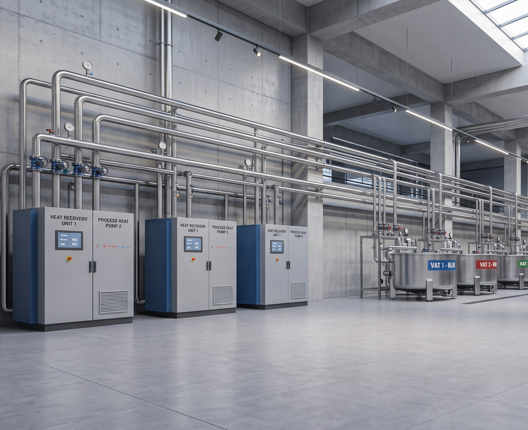 Heat-recovery units beside dye vats in a textile process hall